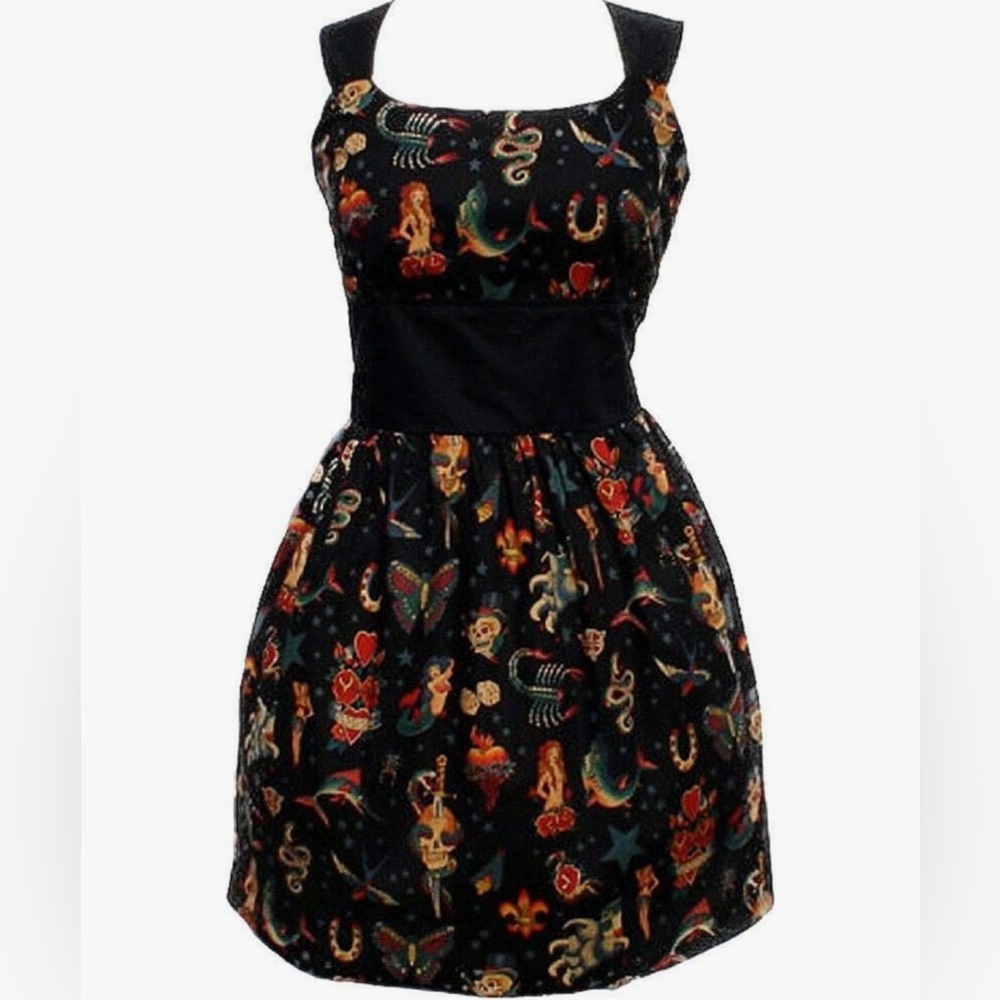 Hemet Rockabilly Pinup Skull Bird Butterfly Snake Tattoo Print Dress Black S